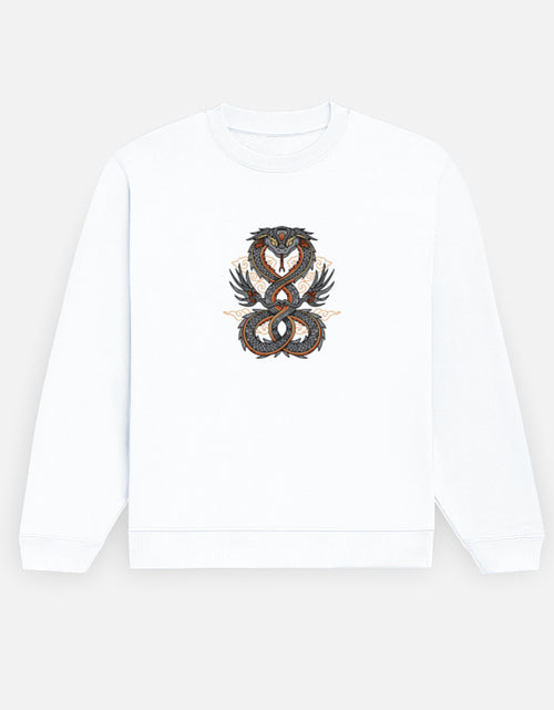 White sweatshirt with a snake and eagle design on a white background