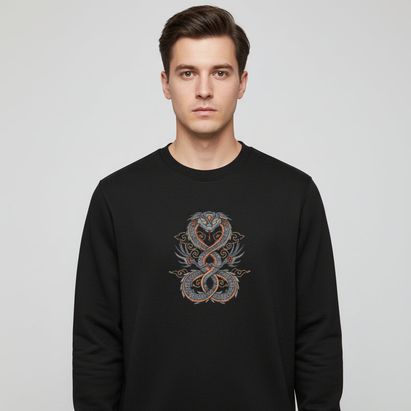 Black sweatshirt with a colorful design on a white background
