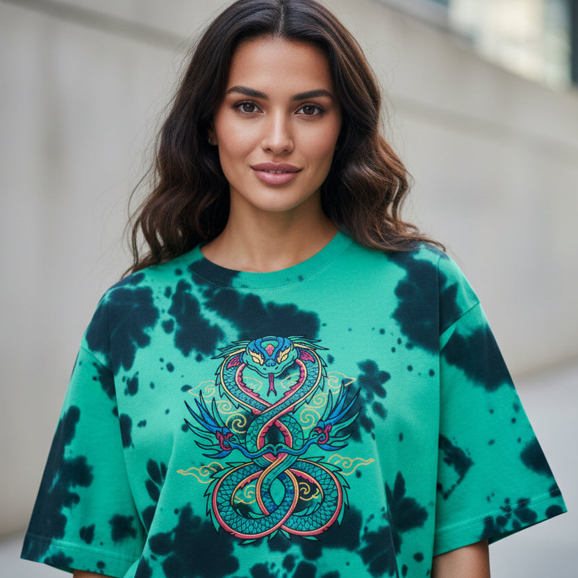 Tie-dye t-shirt with a colorful snake design on a white background