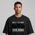 Black t-shirt with motorcycle graphic and text 'Just Enjoy The Ride' on a white background