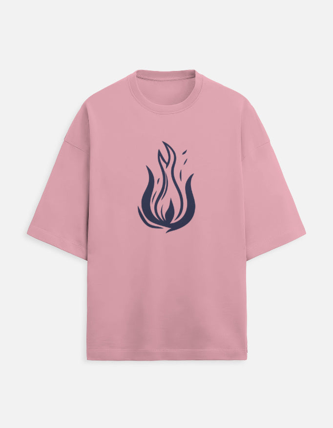 Pink t-shirt with a blue flame design on a white background
