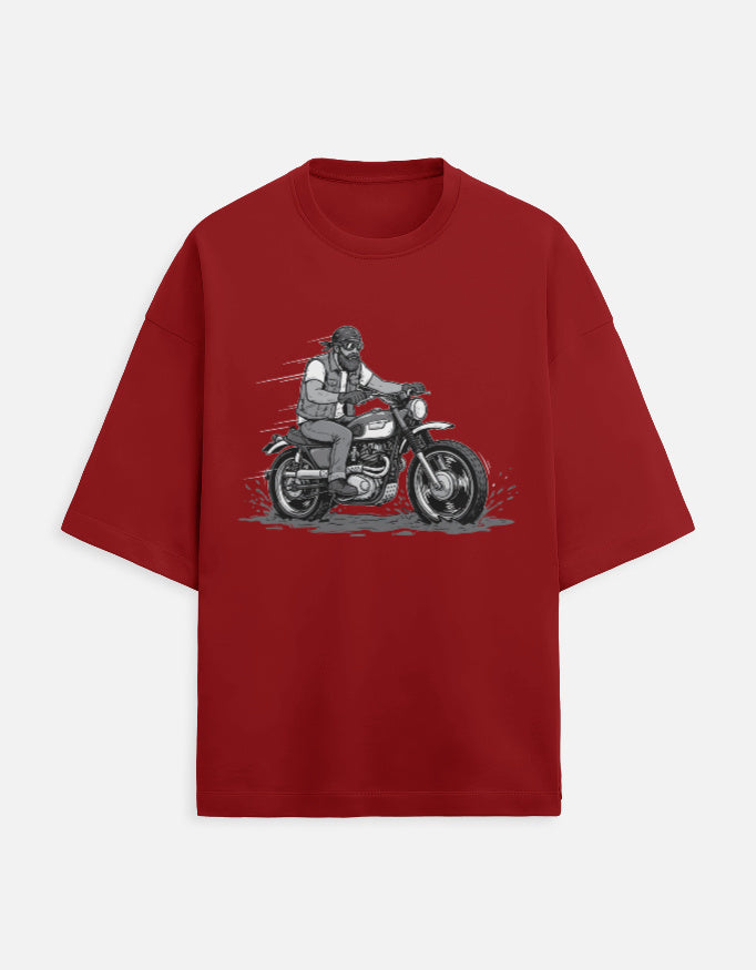 Red t-shirt with a graphic of a person on a motorcycle on a white background