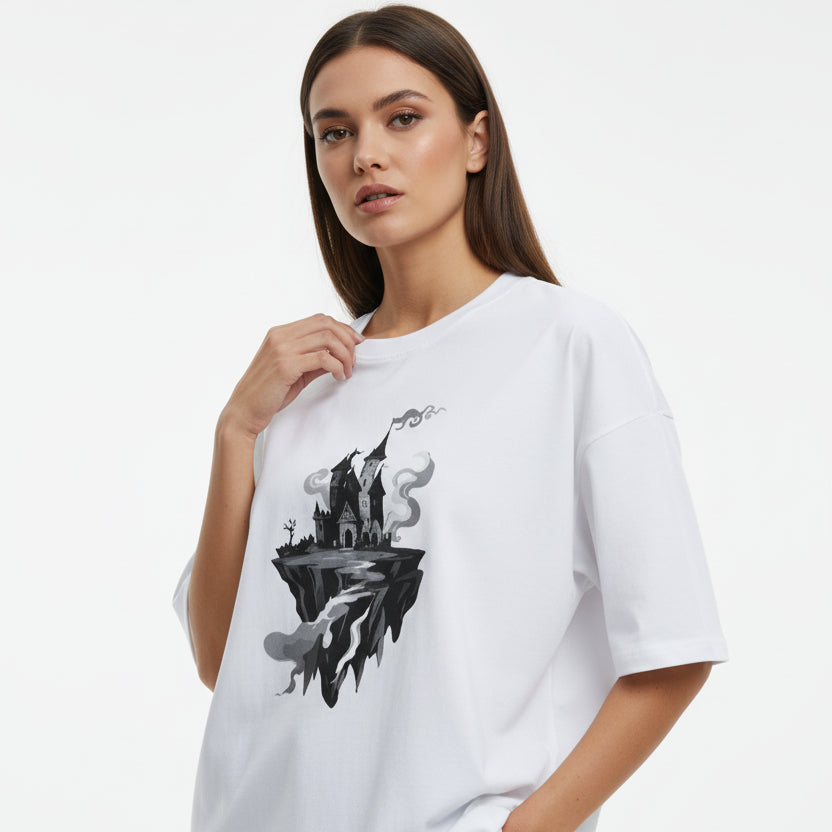 White t-shirt with black castle graphic on a white background