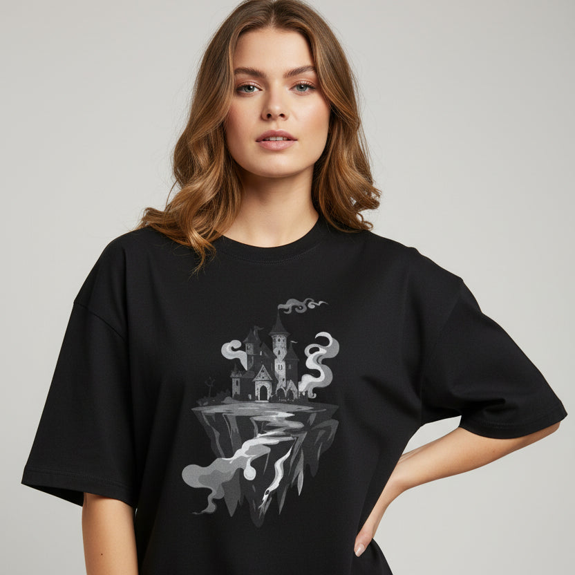 Black t-shirt with graphic design on a white background