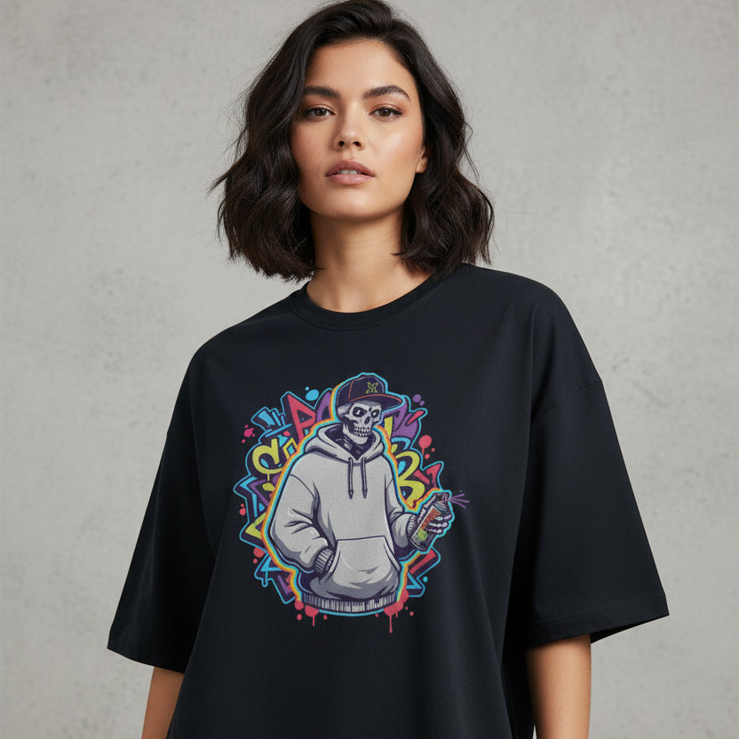 Black t-shirt with a colorful graphic of a skeleton in a hoodie on a white background