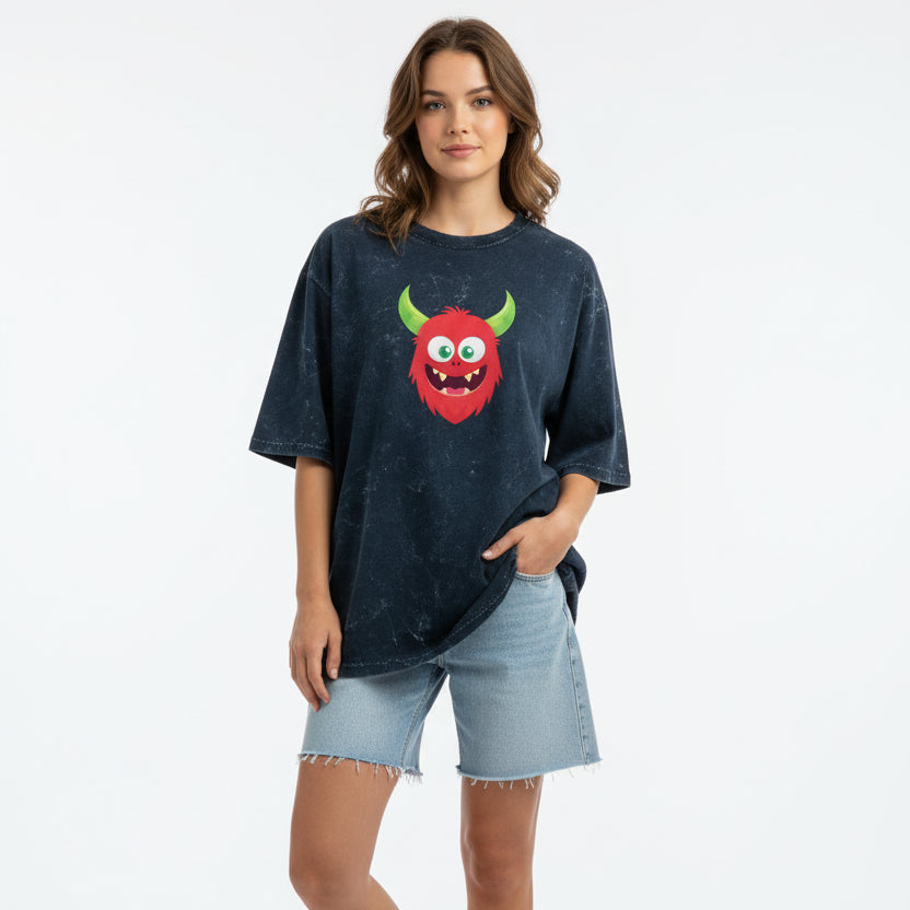Navy blue t-shirt with a red monster graphic on a white background