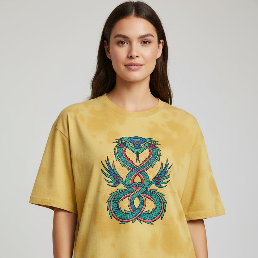 Yellow tie-dye t-shirt with a colorful dragon design on a white background