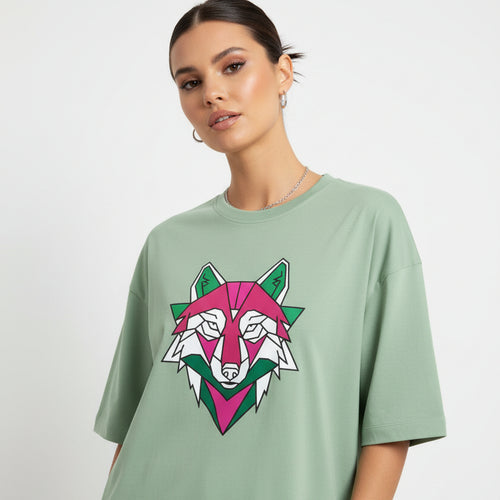 Green t-shirt with a wolf graphic design on a white background