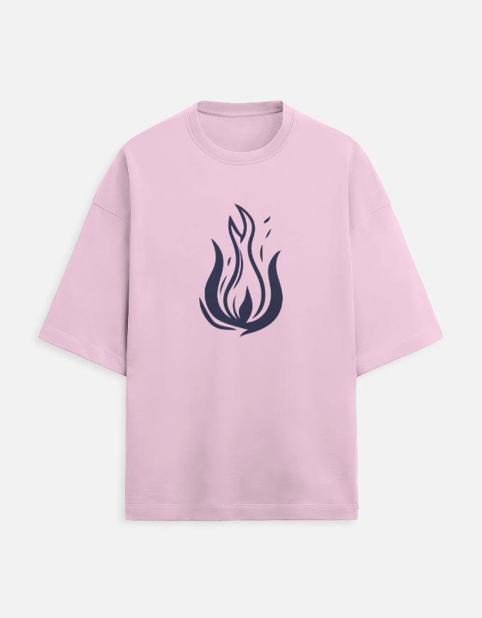 Pink t-shirt with a blue flame design on a white background