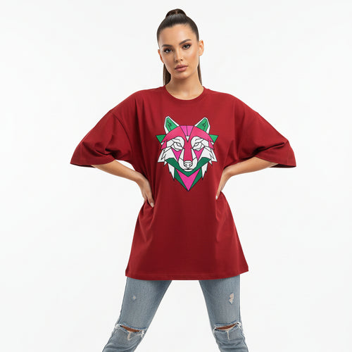 Red t-shirt with a colorful wolf graphic on a white background