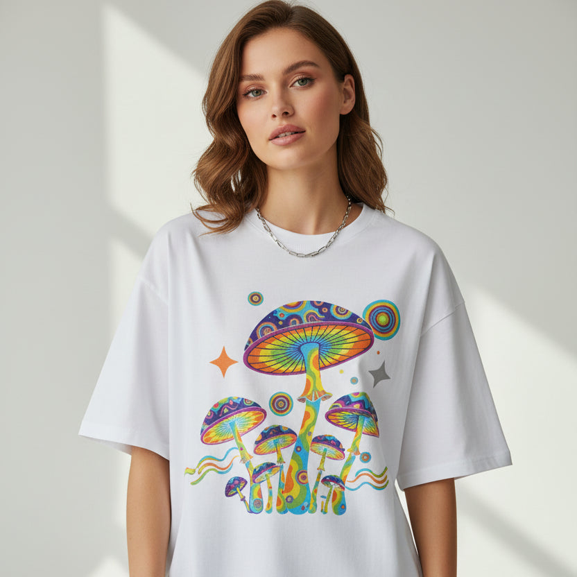 Model wearing a white t-shirt with colorful mushroom design on a light gray background