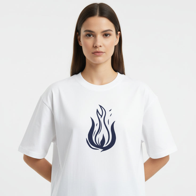 White t-shirt with a blue flame design on a white background