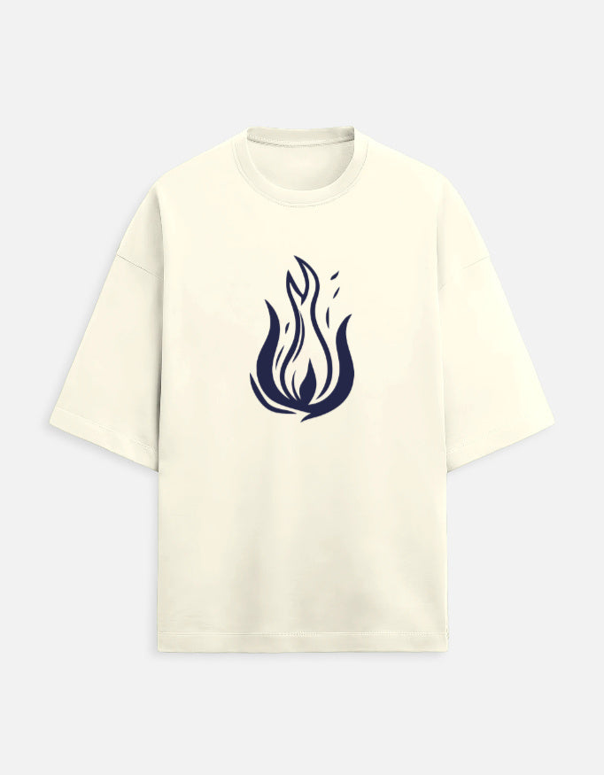 Beige t-shirt with a blue flame design on a white background