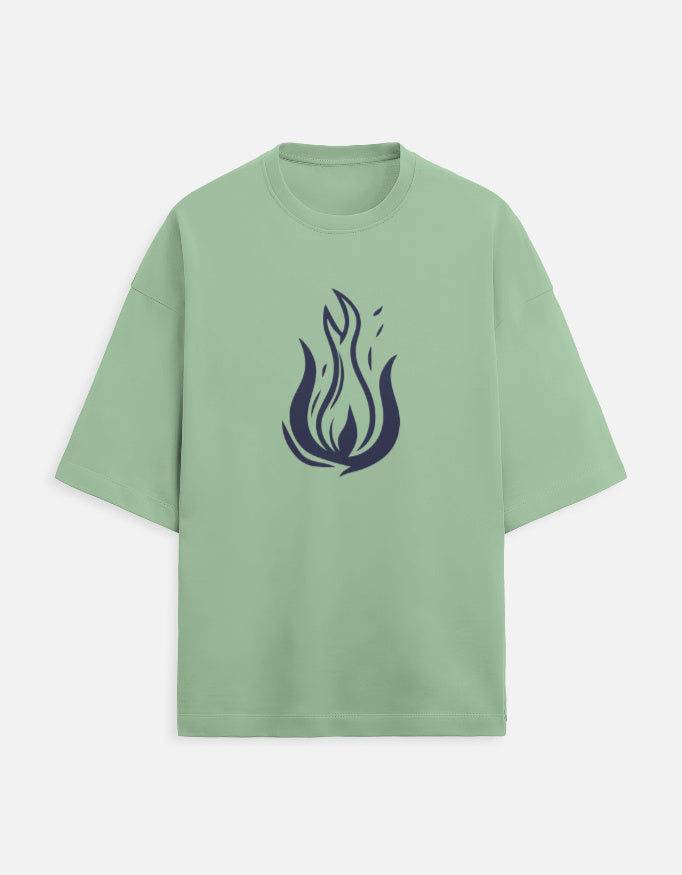 Light green t-shirt with a blue flame design on a white background